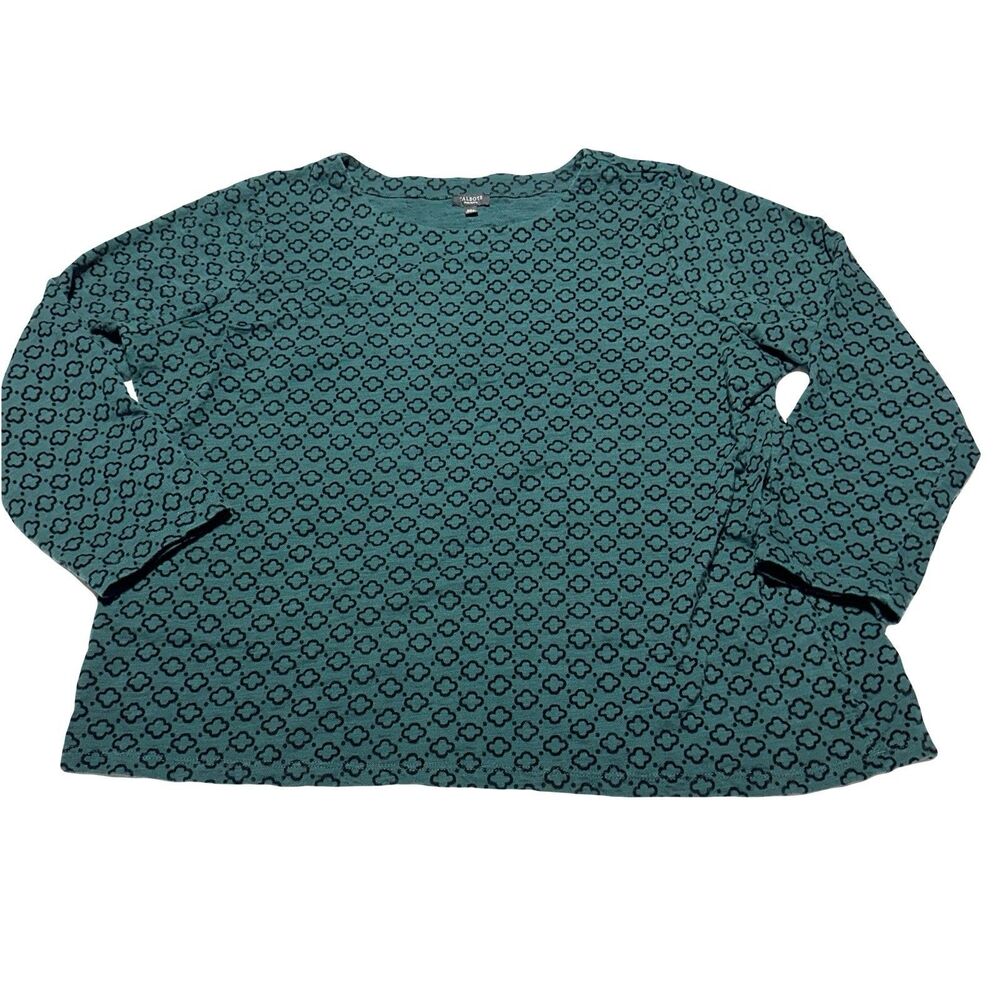 Talbots Tee Women’s Size 2X P Petite Cotton Crew Green Black 3/4 Sleeve Top
